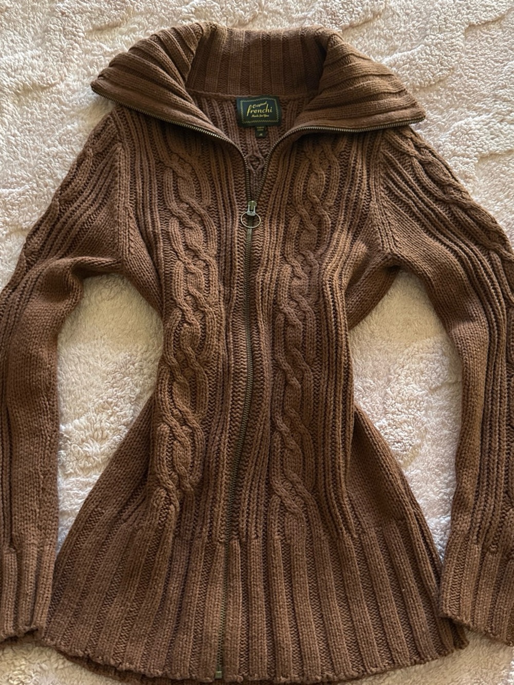 Frenchi Chestnut Brown Cable-Knit Zip Cardigan